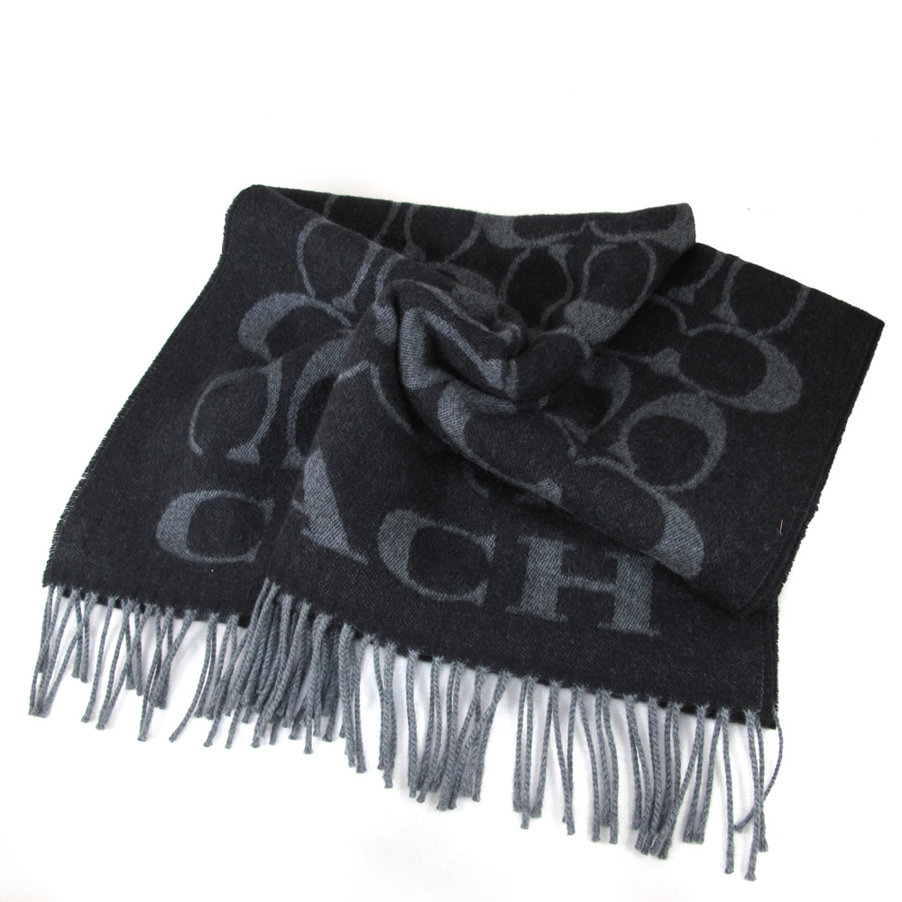 COACH C字LOGO黑灰雙色雙面義大利製流蘇圍巾(183cm x 31cm)