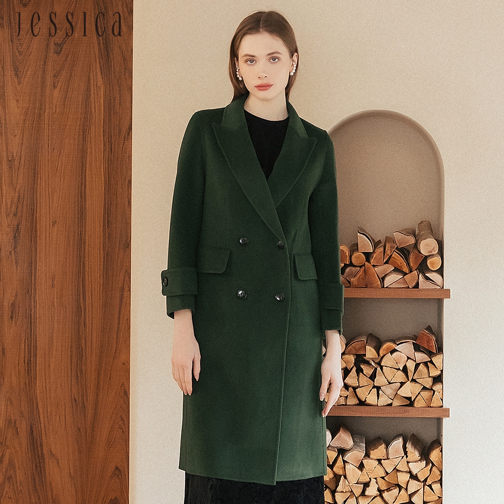 JESSICA - 氣質修身保暖顯瘦翻領羊毛大衣外套J35C01（綠）