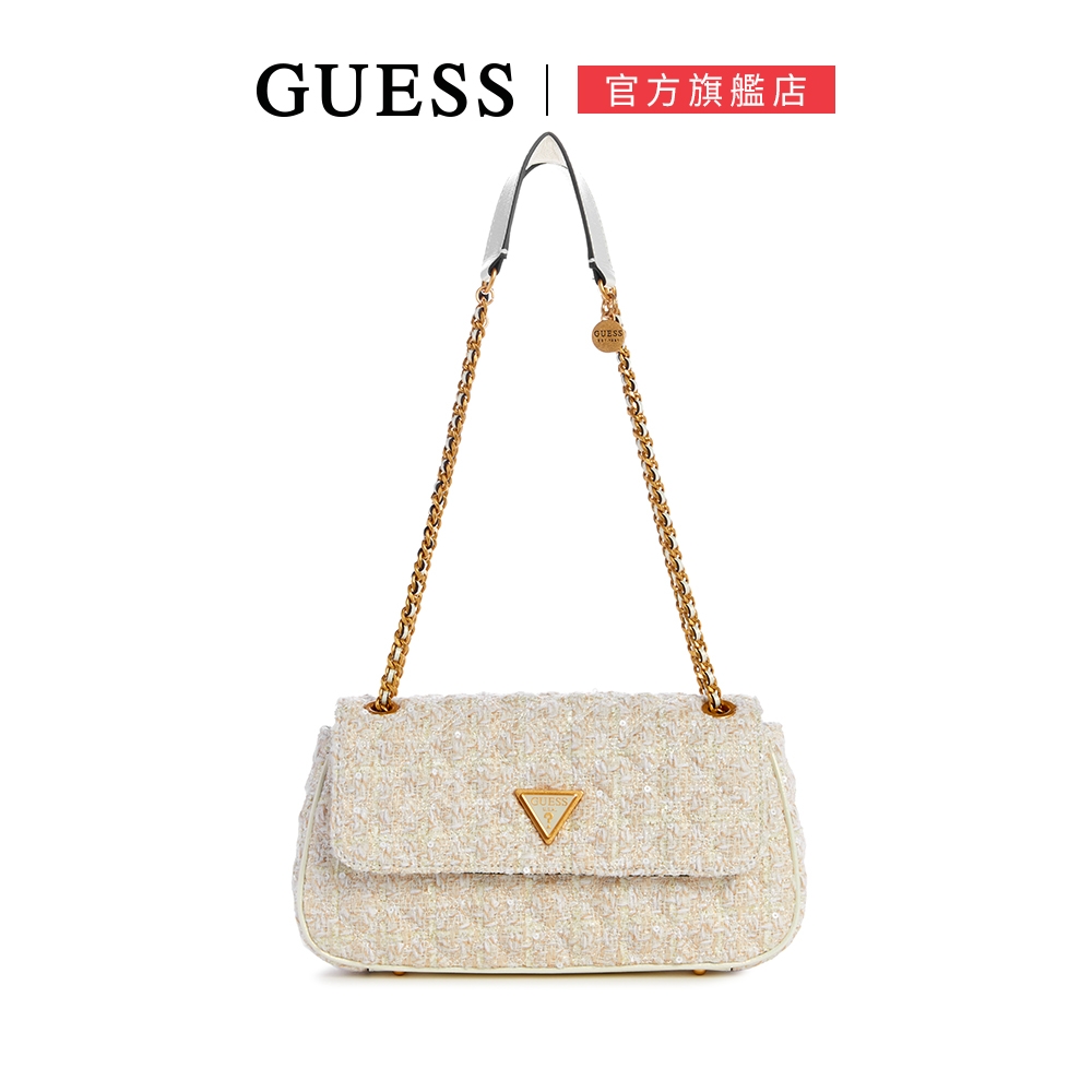 【GUESS】經典縫線金屬鍊條肩背包-白