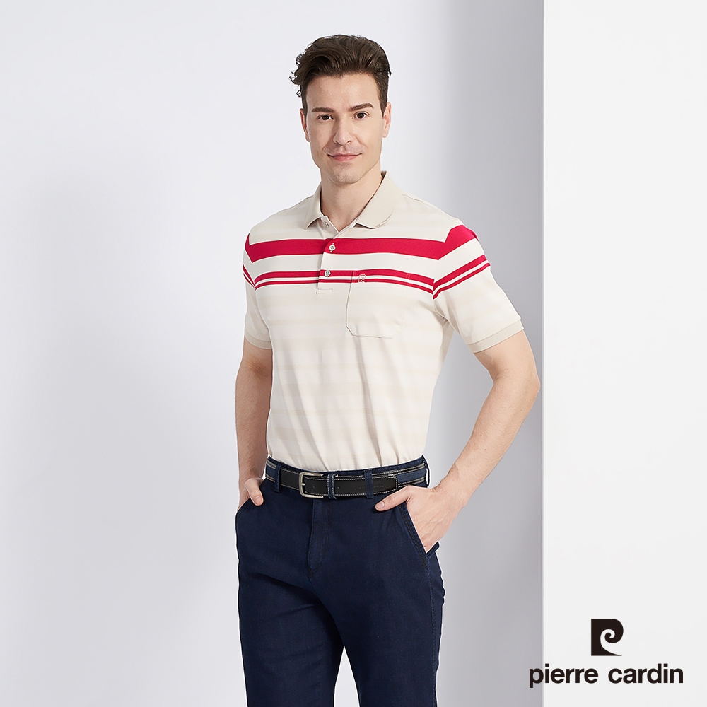 Pierre Cardin皮爾卡登 男裝 吸濕排汗網眼橫條定位短袖POLO衫-卡其色 (5227201-84)
