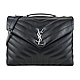 YSL 金屬LOGO小牛皮縫線翻蓋肩背/斜背包(中/銀x黑) product thumbnail 1