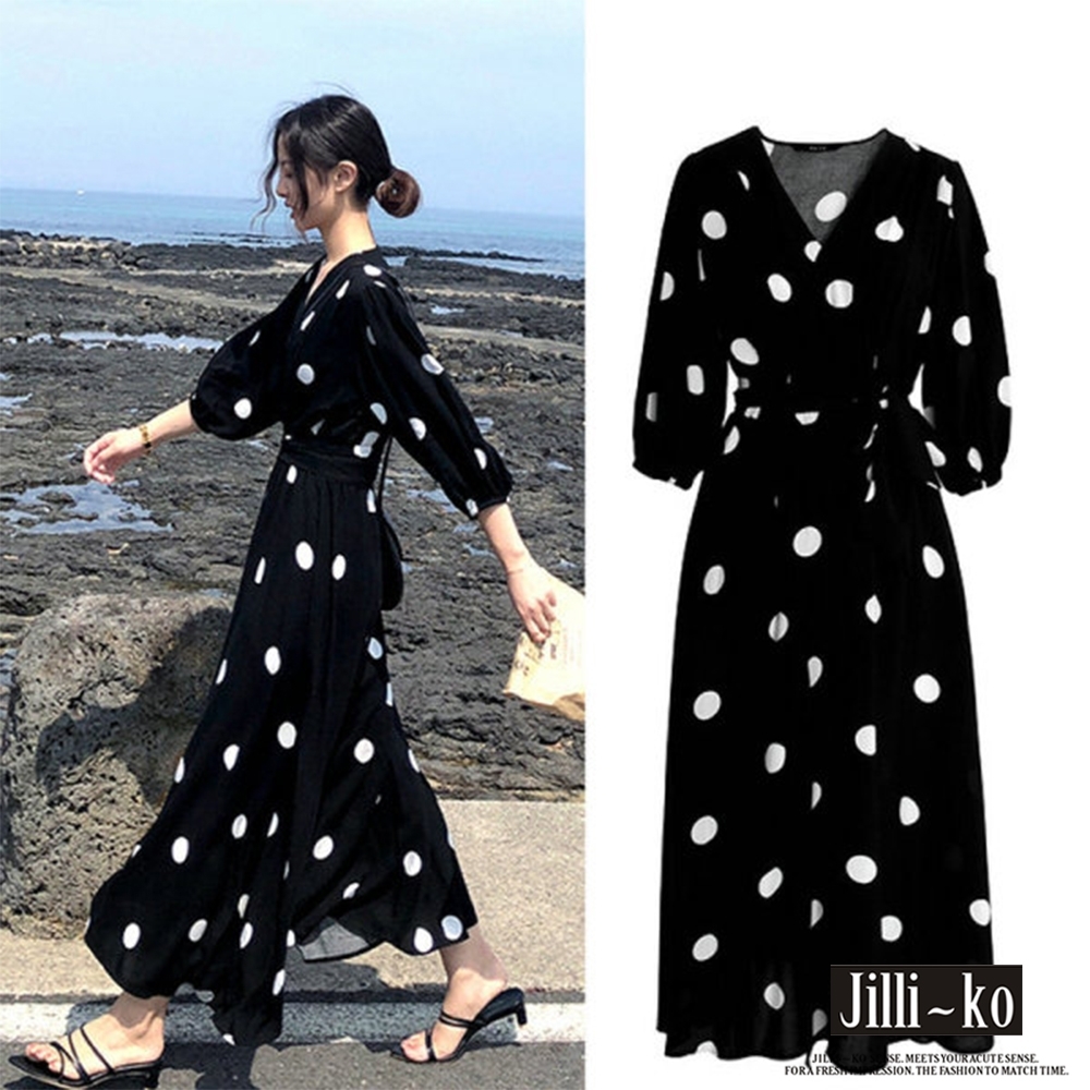 JILLI-KO 法式復古波點雪紡連衣裙- 黑色