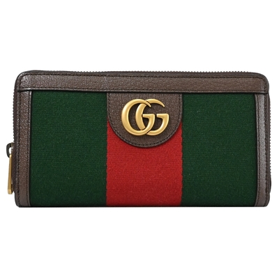 GUCCI 金屬GG LOGO綠紅織帶款ㄇ字拉鍊長夾