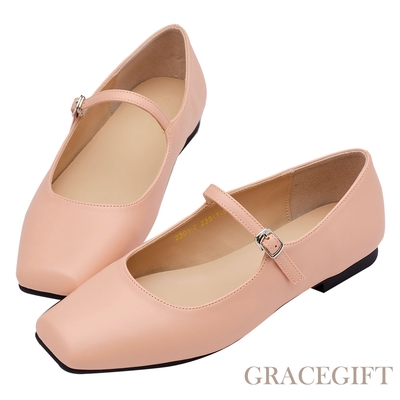 【Grace Gift】氣質方頭瑪莉珍芭蕾平底鞋 粉橘