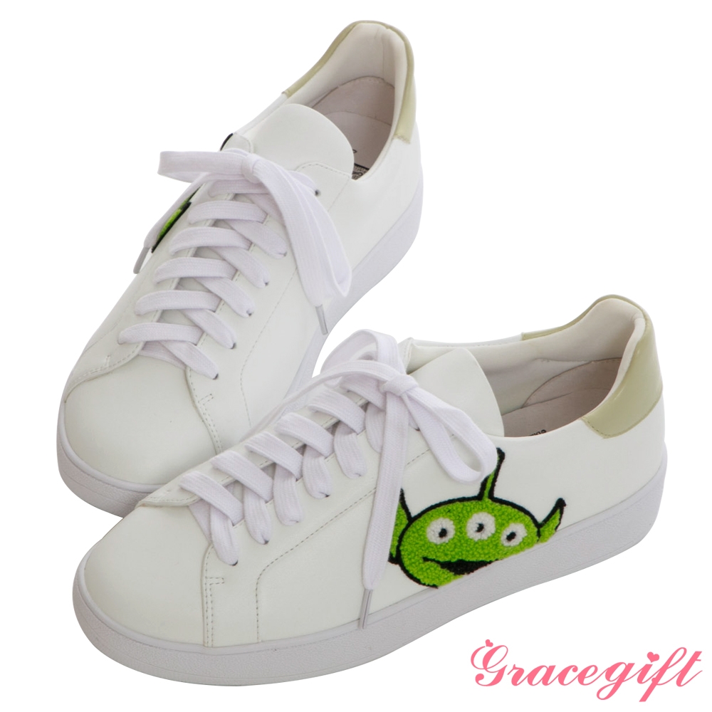 【Grace Gift】玩具總動員三眼怪款Q毛綁帶休閒小白鞋 綠