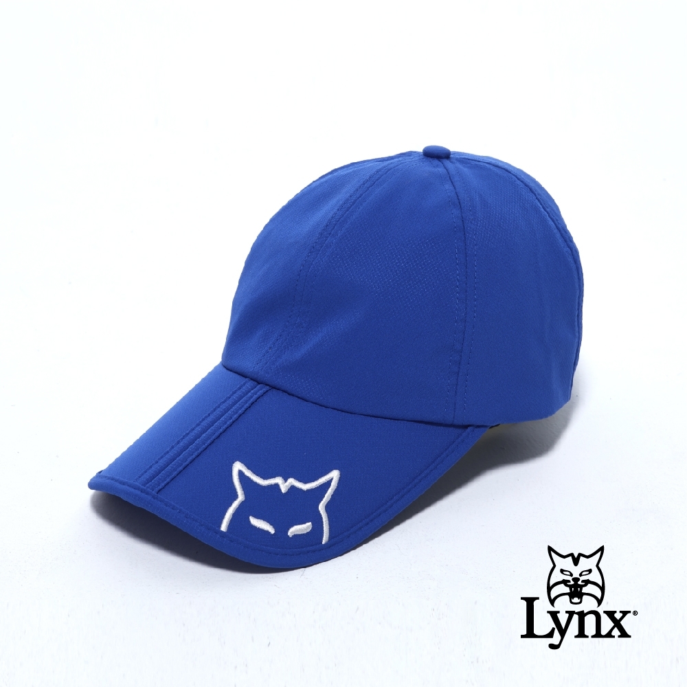 【Lynx Golf】可折式易收納小山貓繡花LOGO鐵扣可調節式球帽-寶藍色