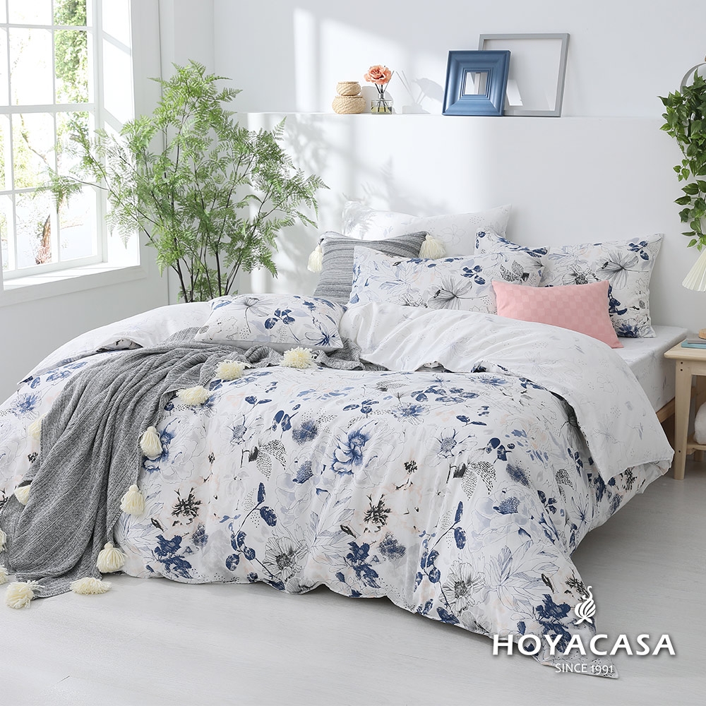 HOYACASA 100%精梳棉加大兩用被四件式床包組-墨嵐之境(天絲入棉30%)