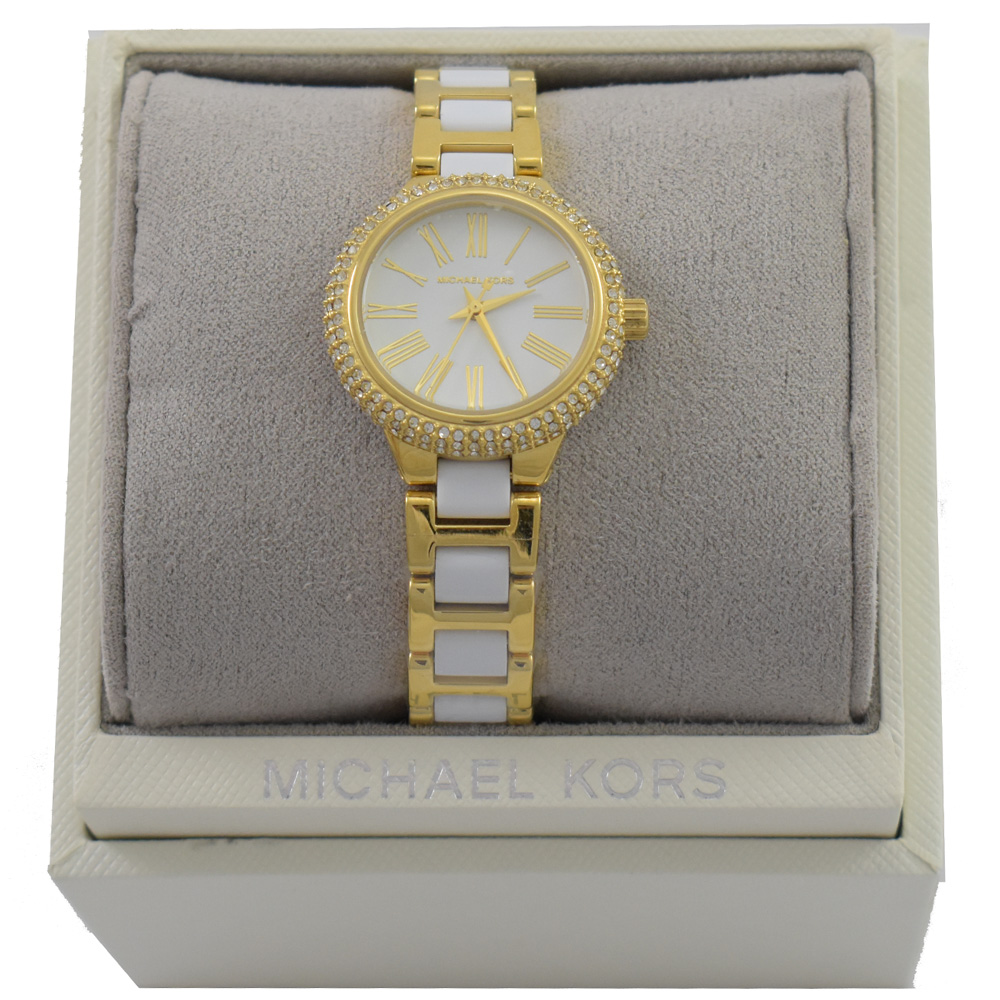 MICHAEL KORS 經典外圈水鑽羅馬刻度手錶(白/金)