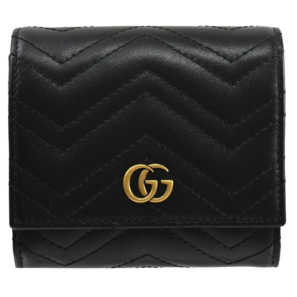 GUCCI GG Marmont 絎縫小牛皮三折扣式零錢短夾(黑-全新福利品)