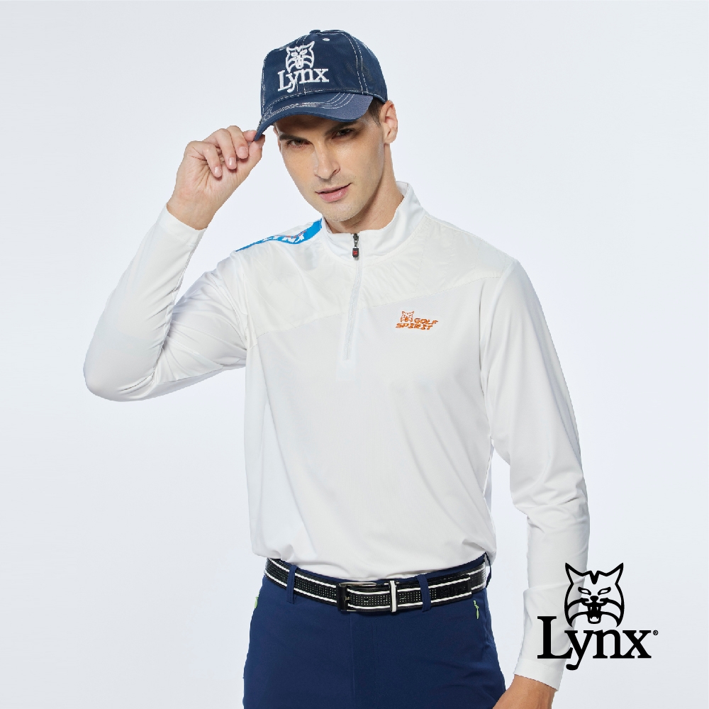 【Lynx Golf】男款吸濕排汗異材質剪接右肩Lynx字樣造型設計長袖立領POLO衫-白色