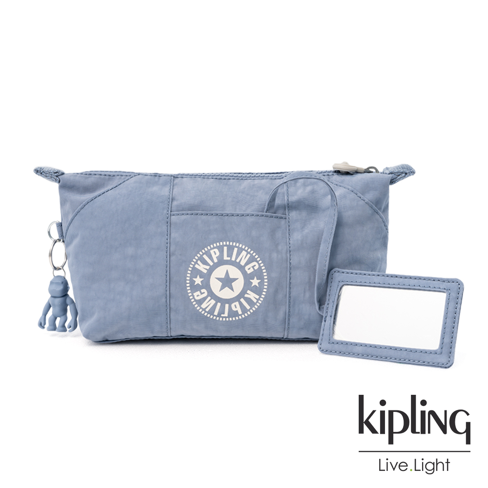 Kipling 莫蘭迪粉霧藍長形拉鍊化妝包-ART POUCH