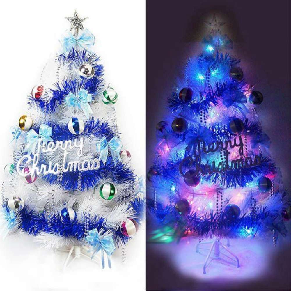 摩達客 台製4尺特級白色松針葉聖誕樹(繽紛馬卡龍藍銀色系+100LED燈一串彩光(附控制器