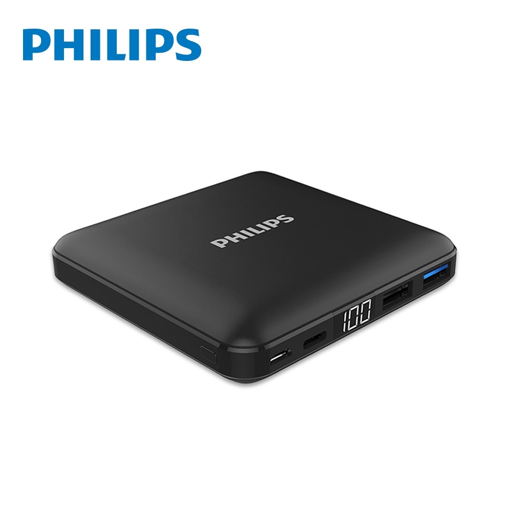 PHILIPS DLP6717N 智能LED顯示電量雙輸出 type-c+usb 10000mAh行動電源(黑)