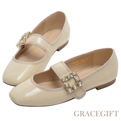 【Grace Gift】璀璨女伶平底瑪莉珍鞋 米漆