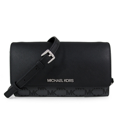 MICHAEL KORS Jet Set Item 金字滿版Logo搭防刮皮革掀蓋雙色鏈帶斜背包(黑色)