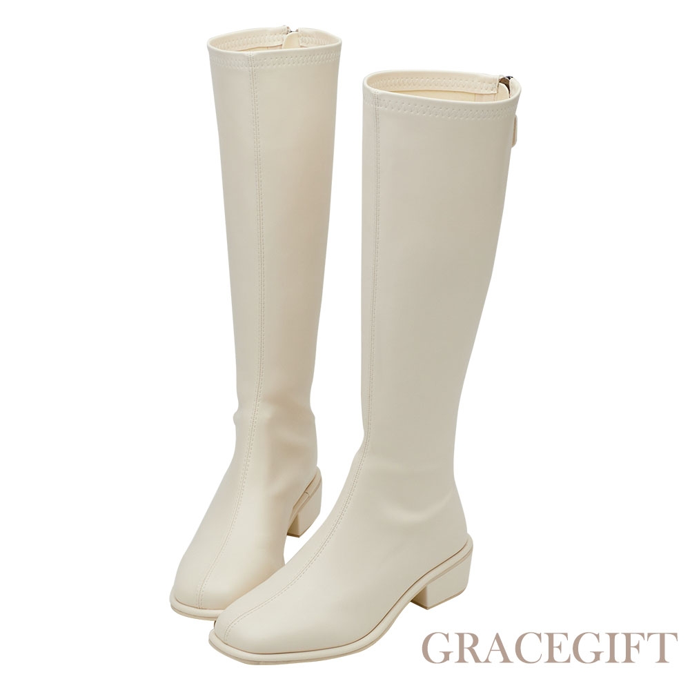 【Grace Gift】簡約達人後拉鍊中跟長靴 米白