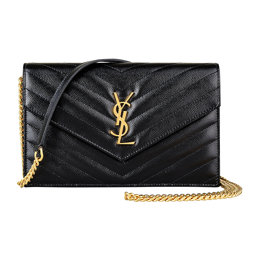 YSL SAINT LAURENT MONOGRAM金字LOGO牛皮釦式手拿斜背長夾(黑)