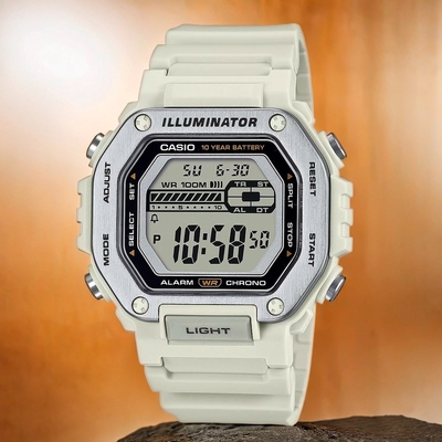 CASIO 卡西歐 10年電力金屬風計時手錶 送禮推薦-米白 MWD-110H-8A