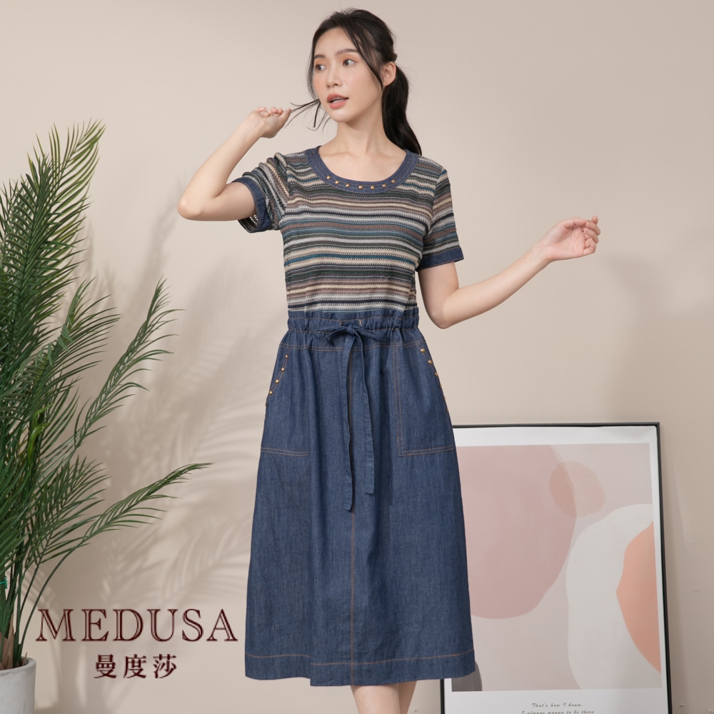 現貨【MEDUSA 曼度莎】假兩件式針織牛仔拼接洋裝（M-XL）｜女洋裝 牛仔洋裝