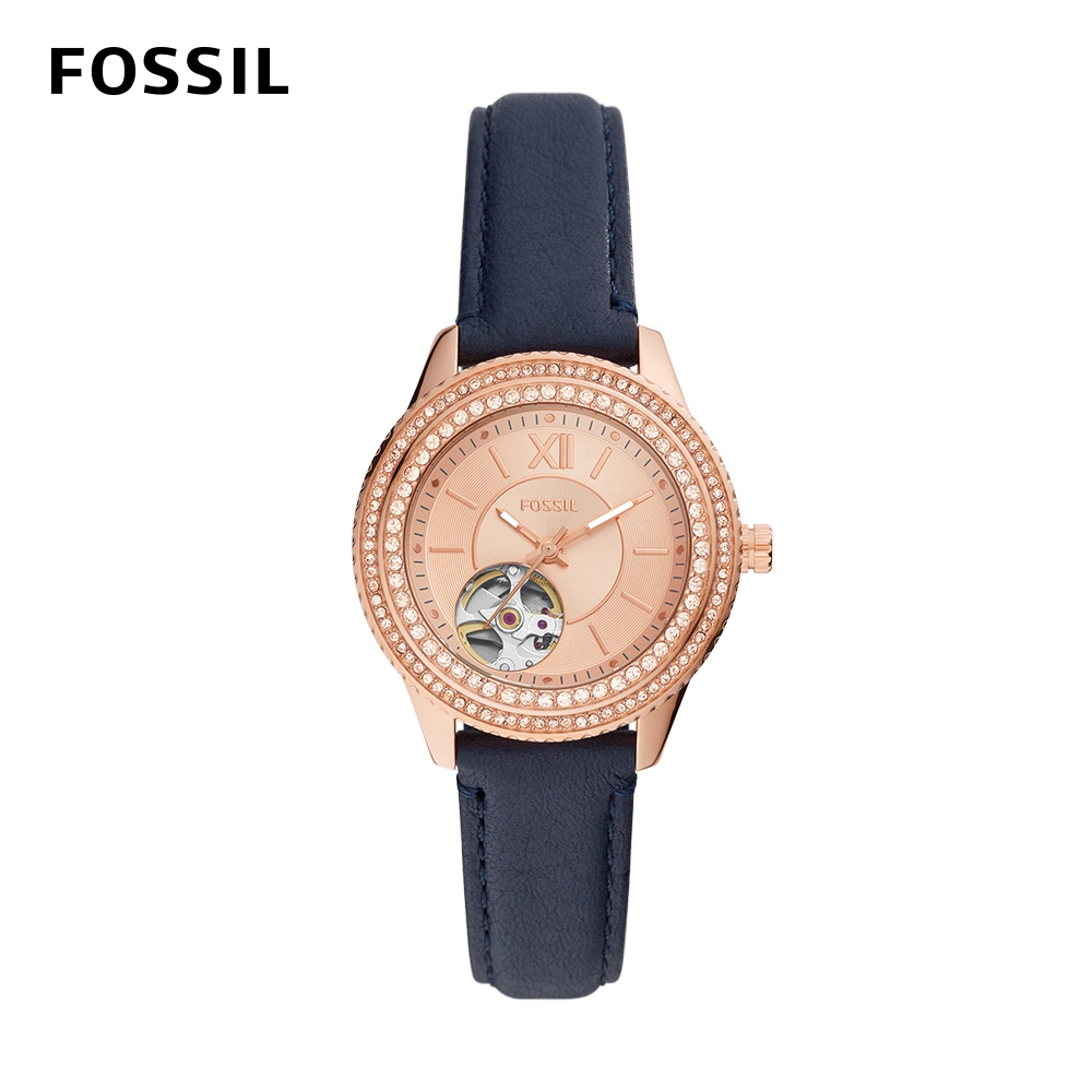 FOSSIL Stella 雙鑽圈縷空錶面女錶 藍色真皮錶帶 34MM ME3212