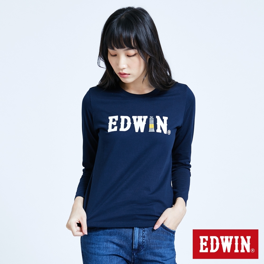 EDWIN 塗鴉LOGO 薄長袖T恤-女-丈青