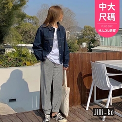 JILLI-KO 薄款oversize寬鬆開扣牛仔襯衫外套單寧中大碼- 深藍