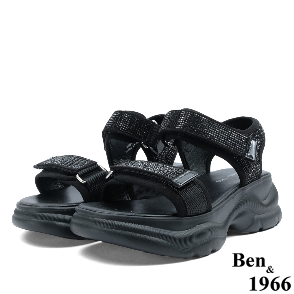 Ben&1966時尚燙鑽布流行休閒厚底涼鞋-黑(226281)