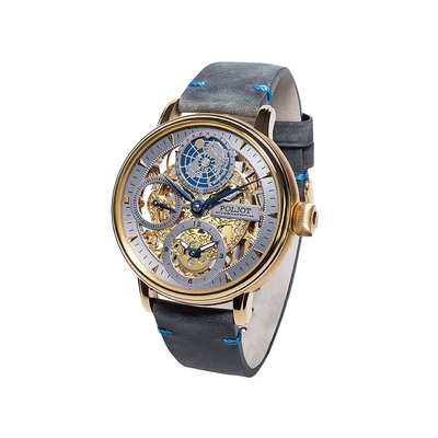 POLJOT德國寶傑錶 9730.2940653 GMT鏤空金灰盤地球機械錶 43mm 男/女錶