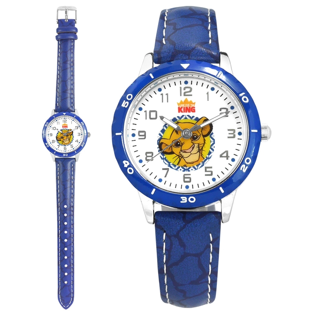 Disney 迪士尼 獅子王 辛巴面板 兒童錶 卡通錶 紋路皮革手錶-白x藍/32mm