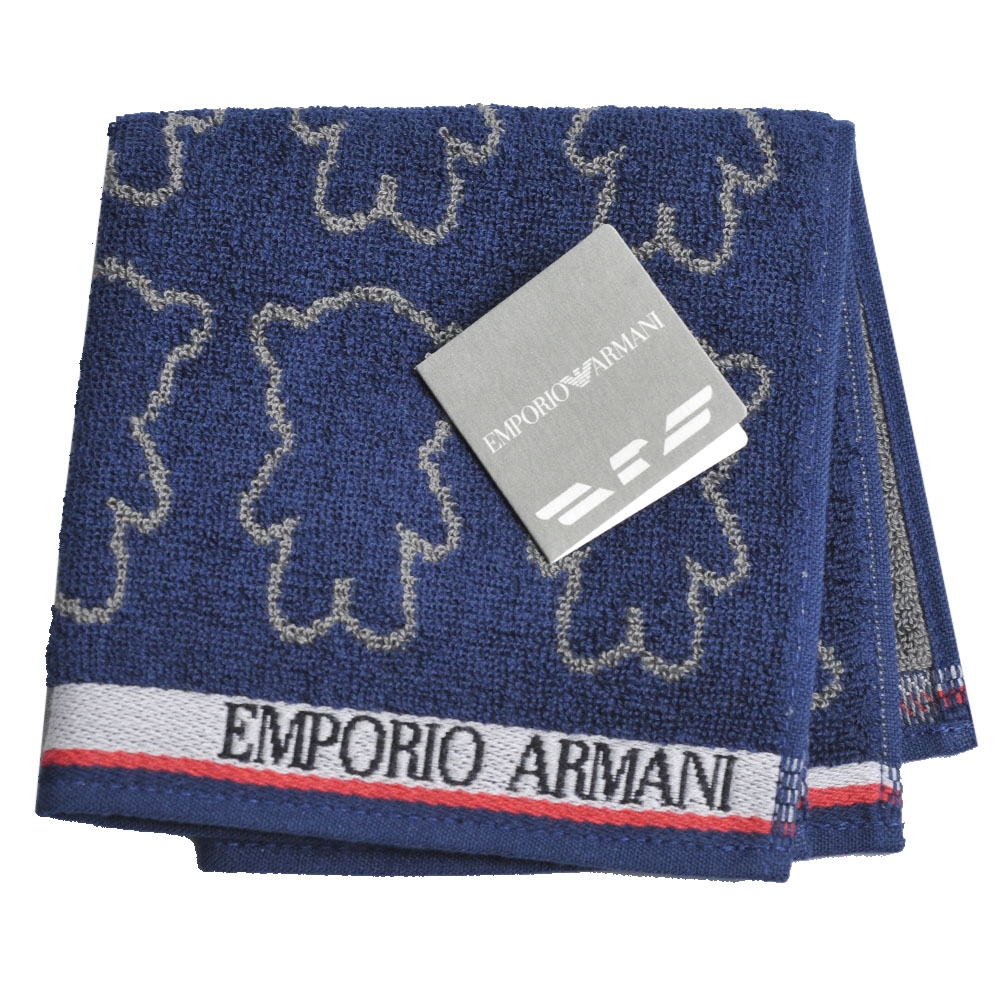 EMPORIO ARMANI MangaBear  小熊圖騰字母LOGO刺繡小方巾(深藍底)