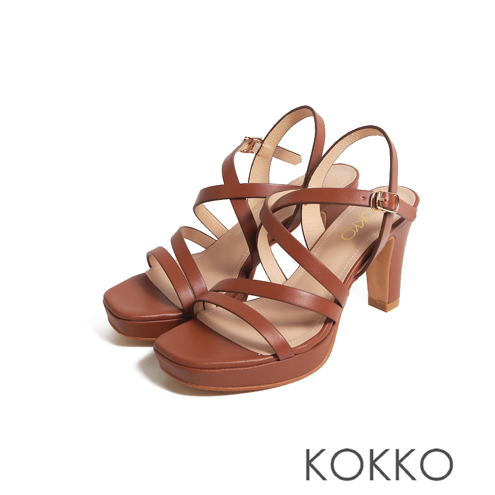 KOKKO精緻女人柔軟羊皮防水台高跟涼鞋深咖色