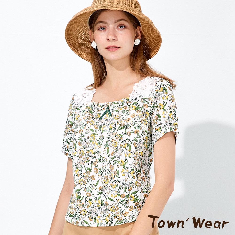 【TOWNWEAR棠葳】滿版花卉後綁帶短版上衣(女上衣/T恤/蕾絲/短袖)