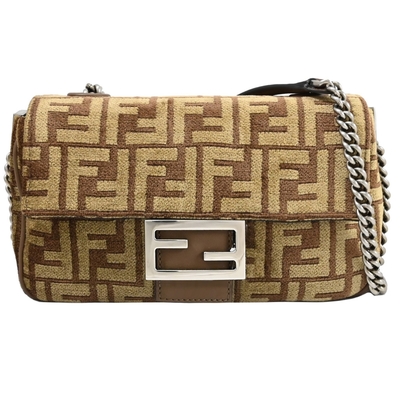 FENDI Baguette 經典FF緹花毛 絨布手提肩背兩用包/法棍包(卡其/棕)