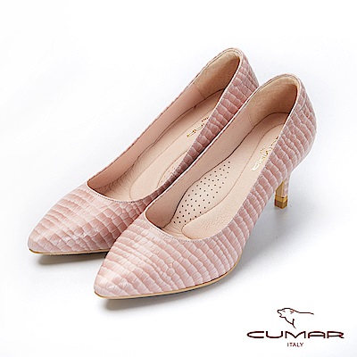 【CUMAR】文藝羅浮宮- 特殊皮革壓紋簡約高跟鞋-粉