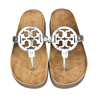 TORY BURCH MILLER CLOUD圓型雙T鏡面LOGO牛皮/軟木拖鞋(女款/銀x棕)