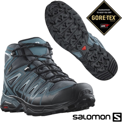 索羅門 SALOMON 男 X Ultra Pioneer Mid GTX 防水透氣耐磨中筒登山鞋_黑/藍/灰