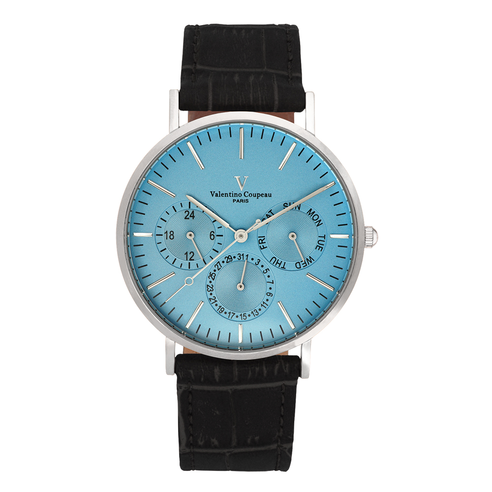 Valentino Coupeau 范倫鐵諾 古柏 超薄三眼時尚腕錶(銀殻/黑帶/藍面)