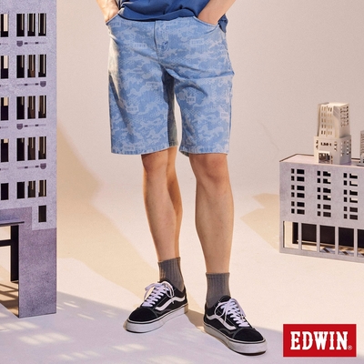 EDWIN EDGE JERSEYS 迦績動能迷彩LOGO合身牛仔短褲-男-石洗藍