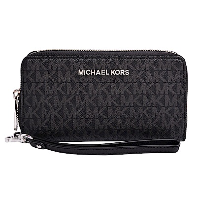 MICHAEL KORS JET SET TRAVE銀金字LOGO滿版防刮皮革皮夾-黑