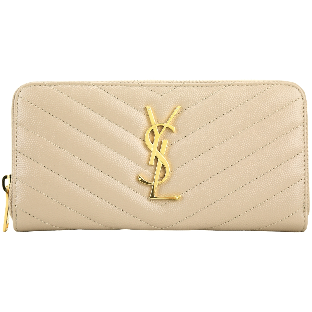 YSL Saint Laurent MONOGRAM 荔枝紋牛皮拉鍊長夾(卡其色)