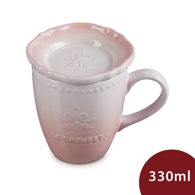 Le Creuset 永恆花蕾系列 馬克杯 330ml 附蓋 貝殼粉 杯盤組