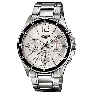 CASIO 低調奢華三針三眼風格不鏽鋼錶(MTP-1374D-7A)白/44mm