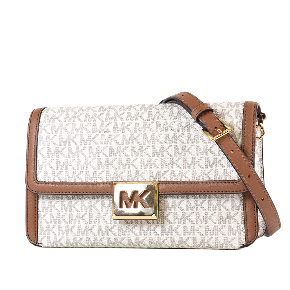 MICHAEL KORS SONIA 緹花LOGO防刮縷空MK磁釦翻蓋鍊帶肩背/斜背二用包-香草白/中