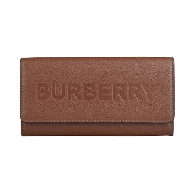 BURBERRY壓印英文LOGO質感小牛皮12卡掀蓋釦式長夾(棕)