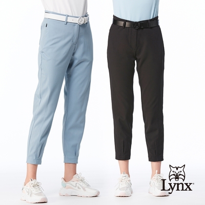 【Lynx Golf】首爾高桿風格！女款打摺造型剪接腰圍LOGO針織鬆緊帶隱形拉鍊口袋窄管九分褲(二色)