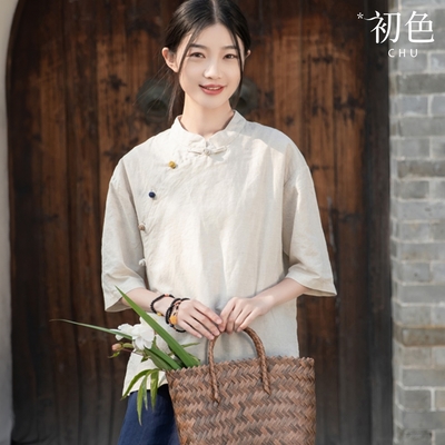 初色 新中式棉麻風素色寬鬆遮肉立領盤釦五分袖T恤襯衫上衣女上衣-共2色-33681(M-2XL可選)