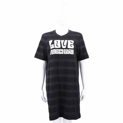 LOVE MOSCHINO 字母印花黑色毛巾布條紋短袖長版TEE 洋裝