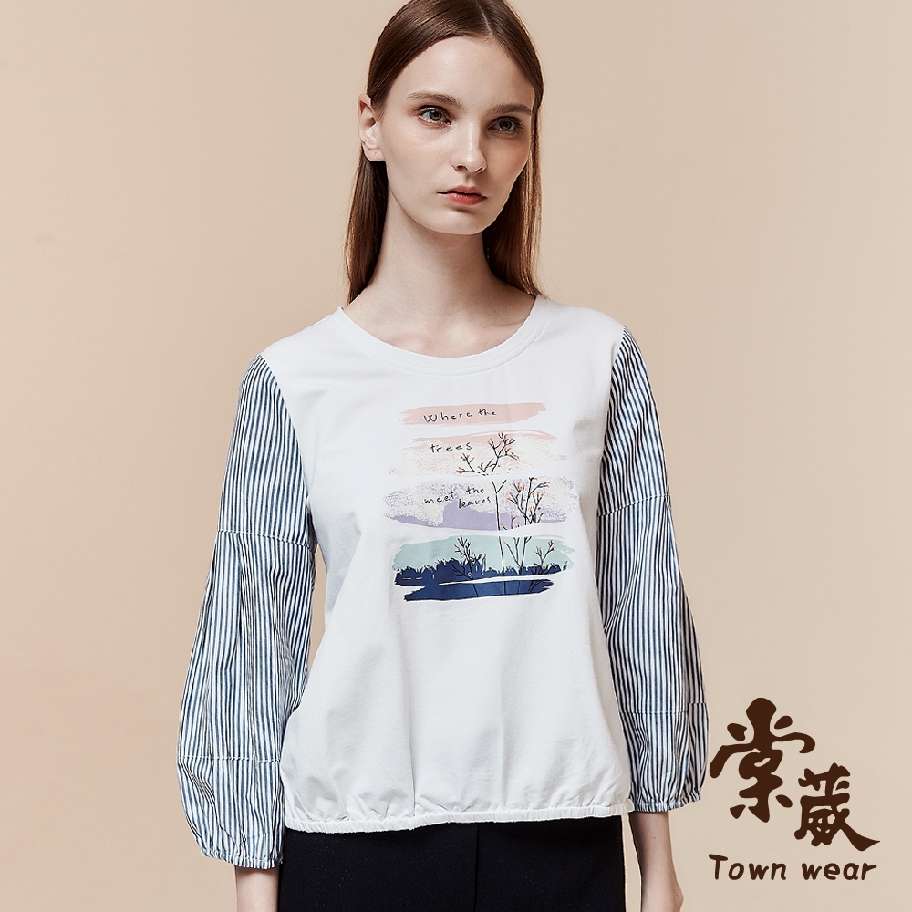 【TOWNWEAR棠葳】水彩印圖拼接條紋袖上衣(女上衣/長袖/圓領/休閒/棉質)