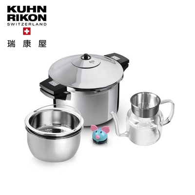 【瑞康屋Kuhn Rikon】瑞士壓力鍋雙柄6L+煉雞精配件+油水分離壺1200cc+計時器