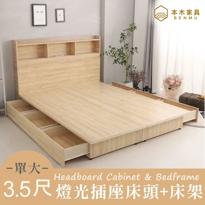 本木家具-麥倫 簡易插座房間二件組-單大3.5尺 床頭+三抽床底